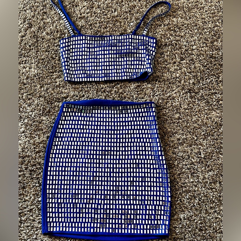 Royal blue top with  short skirt details on mirrors crystals front and back